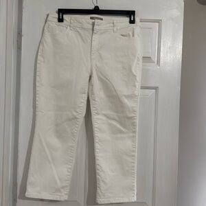 White denim Capris with royal blue embroidery in hip pockets
